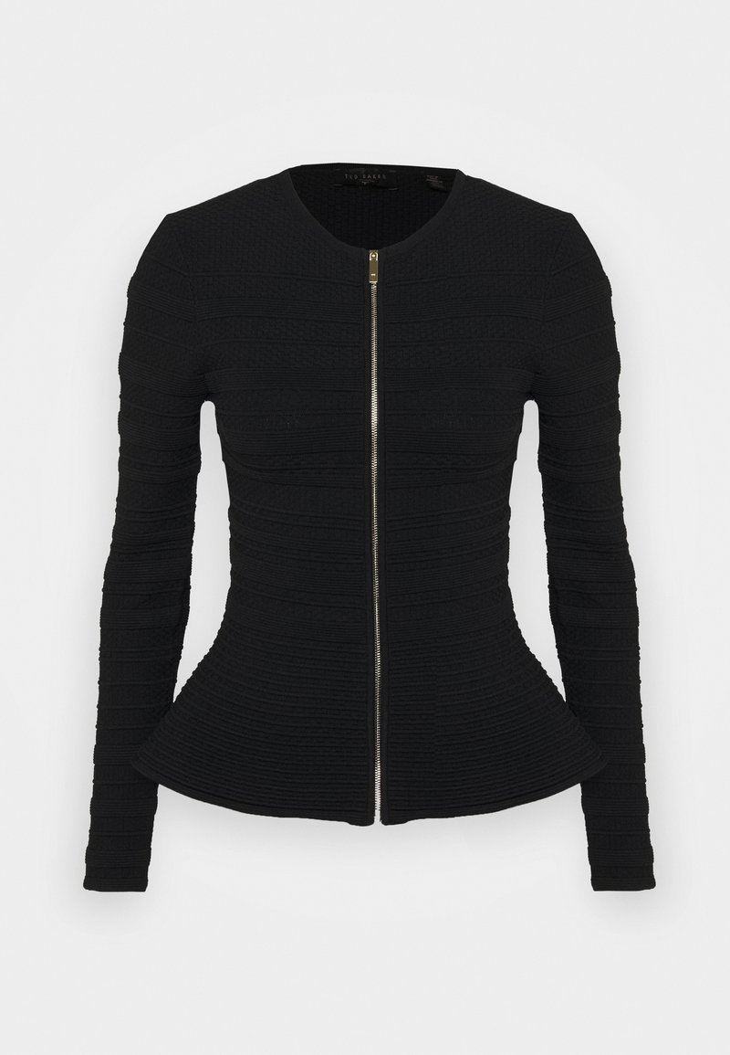 Veste noire texturée à manches longues ajustée avec col rond et fermeture éclair centrale dorée, s'évasant légèrement à la taille.