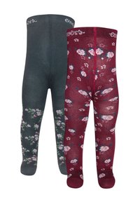 Two pairs of tights: one gray with floral pattern and one burgundy with pink flowers. Both feature a soft, stretchy texture and elastic waist.