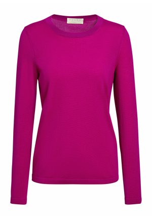 Top à manches longues et col rond en magenta vibrant. Fabriqué en tissu lisse avec une texture côtelée et des coutures régulières le long de l'ourlet et des poignets.