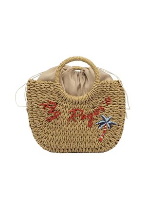 Borsa rotonda in paglia intrecciata con chiusura a coulisse in tessuto, ricamo rosso "By Roger V" e piccola decorazione di palma blu sul davanti.