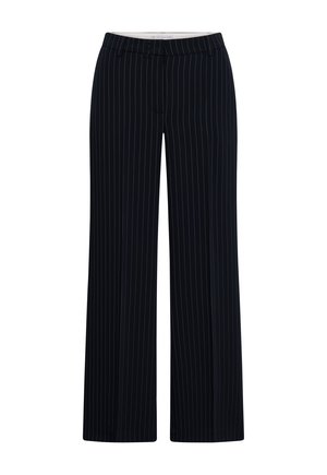 Navy blue pinstripe dress pants with a straight leg, belt loops, and a concealed front closure.