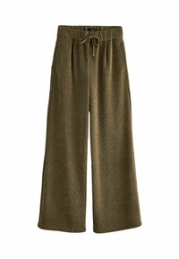 Oliwkowe szerokie spodnie z kordurowego materiału z elastycznym paskiem w pasie, z pionowym prążkowanym wzorem i dwiema bocznymi kieszeniami.