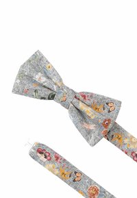 Fliegenkrawatte aus grauem Stoff mit floralem Muster; zeigt bunte Blumen, Schmetterlinge und stilisierte Designs; enthält einen passenden Riemen mit einem Verschluss.