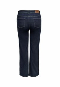 Tumši džinsi ar taisnu kāju griezumu, vidēja augstuma jostas līniju, divām aizmugurējām kabatām un gaiši brūnu ādas uzšuvumu uz jostas.