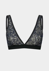 Lace bralette in dark navy with a V-neck design, featuring intricate floral patterns, adjustable straps, and a smooth black underband.