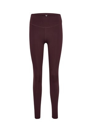 Donkerrode leggings met een hoge tailleband, gemaakt van rekbare stof. Het ontwerp heeft platte naden en een subtiel logo vlak bij de tailleband.