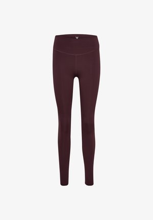 Donkerrode leggings met een hoge tailleband, gemaakt van rekbare stof. Het ontwerp heeft platte naden en een subtiel logo vlak bij de tailleband.