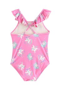 Rosa badedragt med flæser på ryggen, prydet med et enhjørningemotiv, blød tekstur og krydsede stropper bagpå. Lys og legesyg design.