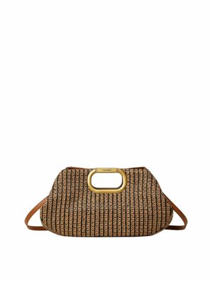 Borsa intrecciata marrone e nera con manico ovale in oro con etichetta "Twinset" e sottile tracolla marrone, forma trapezoidale, base piatta.