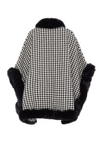 Poncho alb-negru cu motiv houndstooth, cu dublură din blană sintetică, care prezintă un design lejer și o gâtie rotundă pentru căldură și confort.