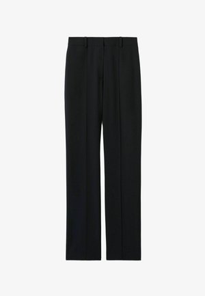 Pantalones negros de cintura alta y corte recto, con pliegues delanteros y trabillas para cinturón. Adecuados para un uso formal o casual.