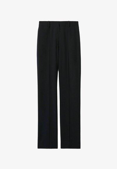 Pantalones negros de cintura alta y corte recto, con pliegues delanteros y trabillas para cinturón. Adecuados para un uso formal o casual.