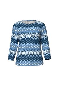 Langärmliges Oberteil mit einem Zickzackmuster in verschiedenen Blau- und Weißtönen. Aus strukturiertem Stoff mit rundem Ausschnitt.