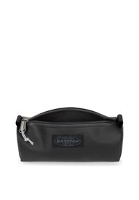 Black pencil case with a smooth, matte texture, features a zip closure and an Eastpak logo patch on the front. Compact and functional design.