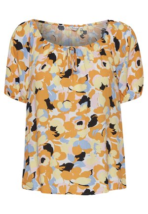 Trumpas rankovėmis švarkelis geltonos spalvos su pastelinių gėlių raštu šviesiame fone, turintis iškirptę ir raištelių detalę.