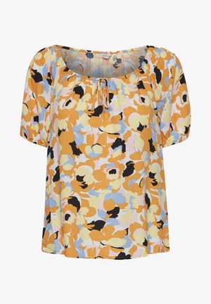 Trumpas rankovėmis švarkelis geltonos spalvos su pastelinių gėlių raštu šviesiame fone, turintis iškirptę ir raištelių detalę.