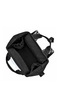 Black fabric bag with camouflage-patterned accents, featuring two compartments and a zippered pocket inside, sturdy handles for carrying.