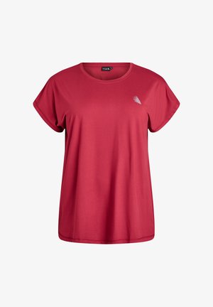 Punane lühikeste varrukatega naiste T-särk, ümarate kaelustega ja väikese valge geomeetrilise logoga vasakul rinna kohal.