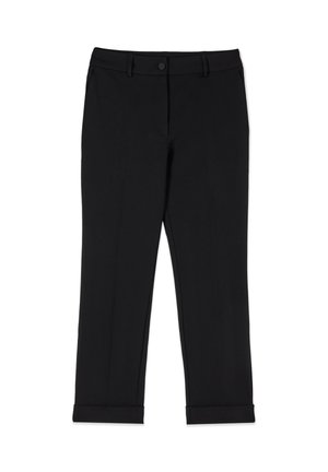 Schwarze, maßgeschneiderte, gerade geschnittene Hose mit Gürtelschlaufen, vorderem Knopfverschluss, Seitentaschen und aufgeschlagenen Säumen.