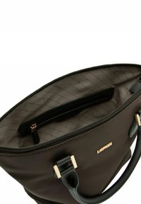 Borsa a mano nera in nylon con hardware dorato, doppi manici superiori e chiusura con zip, dotata di un interno foderato con una tasca con zip e dettaglio del logo.