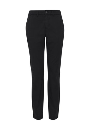 Svarta slim-fit byxor med bältesloopar, framknapp, dragkedjestängning och sidofickor, visade mot en vit bakgrund.