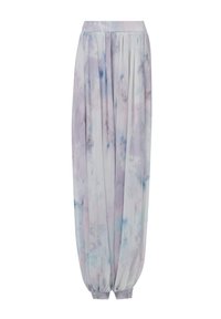 Lichte, pastelgekleurde harem pants met een zijdezachte textuur. Voorzien van een elastische tailleband en gathered cuffs bij de enkels. Subtiel wolkenpatroon.