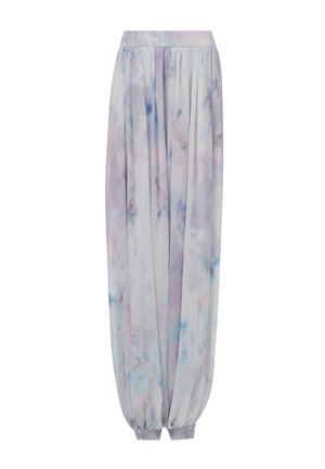 Lichte, pastelgekleurde harem pants met een zijdezachte textuur. Voorzien van een elastische tailleband en gathered cuffs bij de enkels. Subtiel wolkenpatroon.
