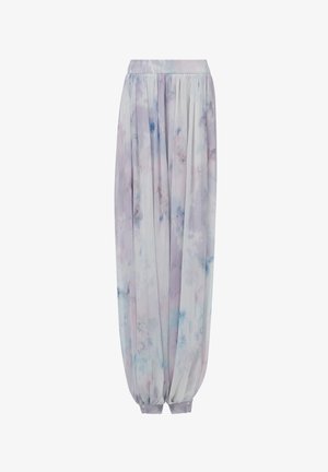 Lichte, pastelgekleurde harem pants met een zijdezachte textuur. Voorzien van een elastische tailleband en gathered cuffs bij de enkels. Subtiel wolkenpatroon.