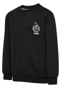 Zwarte sweater van zacht materiaal, met een grafisch ontwerp op de voorkant en ribgebreide boorden en onderrand. Ideaal voor casual wear.