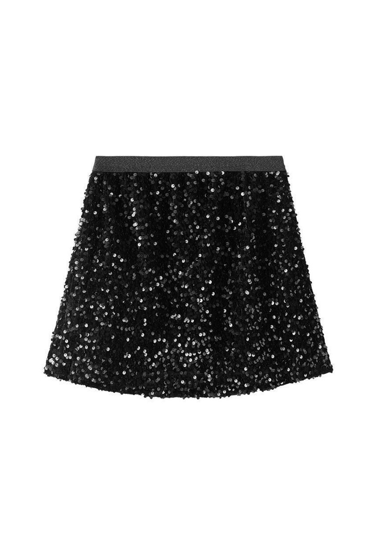 Mustat paljetit mini-hame, jossa on tiukka vyötärö ja liehuva siluetti. Pinta on tiheästi peitetty kiiltäville, heijastaville paljeteilla.