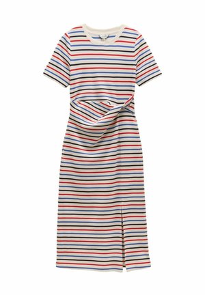 Short-sleeve, knee-length dress with horizontal red, blue, black, and white stripes, side slit, and gathered detail at the waist.
