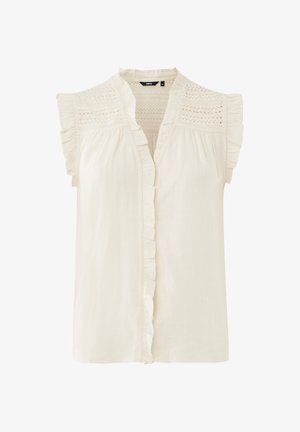 Lichtbeige blouse met korte ruches mouwen, een V-halslijn en subtiele kanten accenten bij de schouders. Voorzien van een knoopsluiting aan de voorkant en zachte textuur.