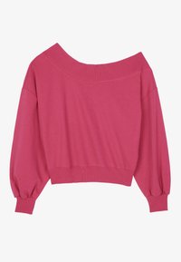 Pullover rosa off-the-shoulder, con maniche lunghe elasticizzate, colletto e orlo a costine, realizzato in tessuto morbido e elasticizzato.