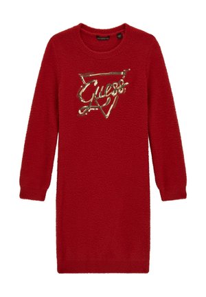 Rød langærmet strikket kjole med rund hals og guld paliet "Guess" logo foran.