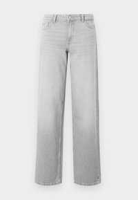 Light grey wide-leg jeans made of denim. Features five pockets, a button closure, and a subtle faded texture for a worn look.