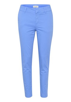Pantaloni personalizați de culoare bleu deschis, confecționați dintr-un material neted. Prezintă o croială slim, față plată și bucle standard pentru curea, oferind versatilitate în stilizare.