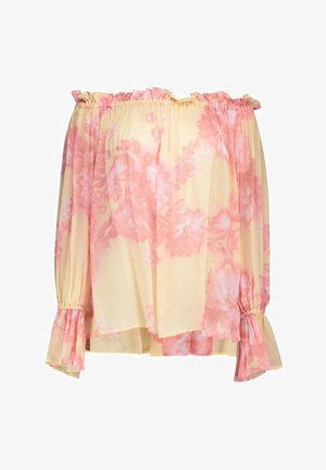 Blouse met blote schouders en lange mouwen, gele basis met roze bloemenprint, met elastische halslijn en gerimpelde manchetten.