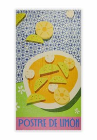 Illustration colorée présentant un bol de dessert au citron avec des citrons jaunes et des tranches de citron vert sur un fond bleu à motifs. Le texte indique "Postre de Limón."