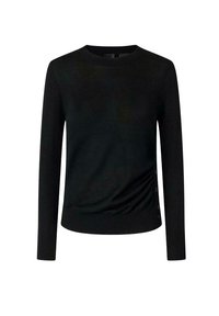 Maglione nero a maglia con scollatura rotonda, maniche lunghe e arricciature laterali. I lati presentano cinque bottoni decorativi per un tocco in più.
