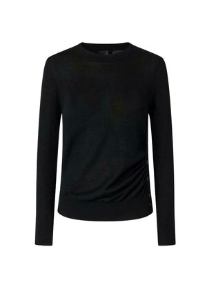 Maglione nero a maglia con scollatura rotonda, maniche lunghe e arricciature laterali. I lati presentano cinque bottoni decorativi per un tocco in più.