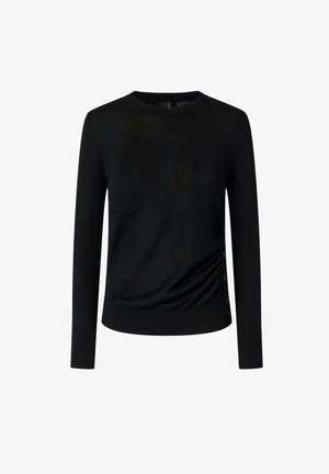 Maglione nero a maglia con scollatura rotonda, maniche lunghe e arricciature laterali. I lati presentano cinque bottoni decorativi per un tocco in più.