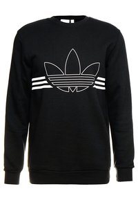 Schwarzer Baumwollpullover mit Rundhalsausschnitt, der ein großes weißes Trefoil-Logo und drei horizontale weiße Streifen über der Brust aufweist.