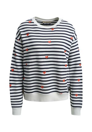 White and navy striped long-sleeve sweatshirt with scattered small red heart patterns and ribbed cuffs and hem.