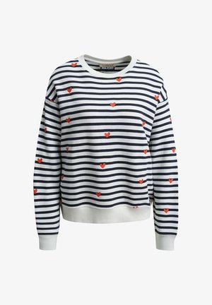 White and navy striped long-sleeve sweatshirt with scattered small red heart patterns and ribbed cuffs and hem.