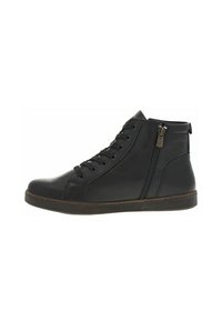 Baskets montantes noires en cuir lisse, dotées de lacets et d'une fermeture éclair sur le côté. La semelle est texturée avec des détails marron.
