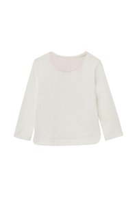 Witte lange mouwen shirt met een rond decolleté, zacht katoenmateriaal en een licht gebogen zoom. De achterkant heeft een subtiele gestikte detail.