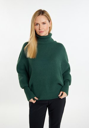 Pull en maille côtelée verte à col roulé, avec une coupe large et décontractée et des manches longues. Associé à un pantalon noir ajusté, porté par un mannequin.