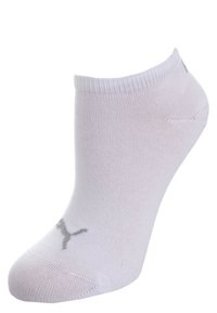 White low-cut athletic sock with a gray Puma logo near the toe, displayed on a foot model against a white background.