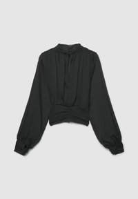 Schwarze kurze Bluse aus leichtem Stoff, mit hochgeschlossenem Kragen, langen gepufften Ärmeln und gerafftem Detail an der Taille.