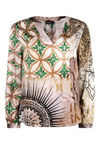 Musterbluse mit floralen und geometrischen Designs in Grün, Braun und Creme. V-Ausschnitt, lange Ärmel und verschiedene Texturen.